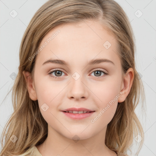 Joyful white child female with medium  brown hair and brown eyes