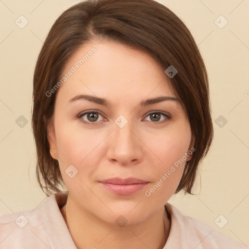 Neutral white young-adult female with medium  brown hair and brown eyes