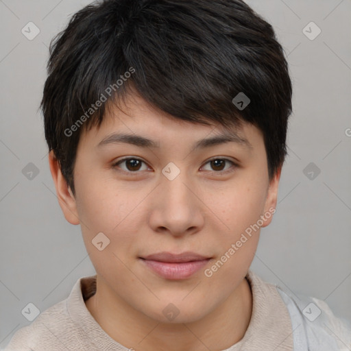 Joyful asian young-adult female with short  brown hair and brown eyes