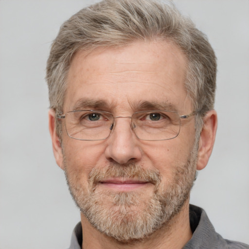 Neutral white middle-aged male with short  gray hair and grey eyes