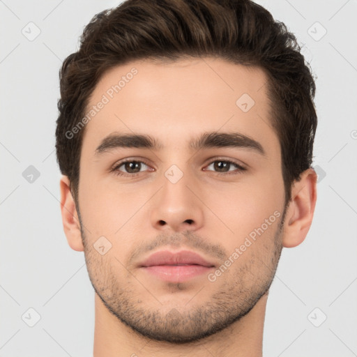 Neutral white young-adult male with short  brown hair and brown eyes