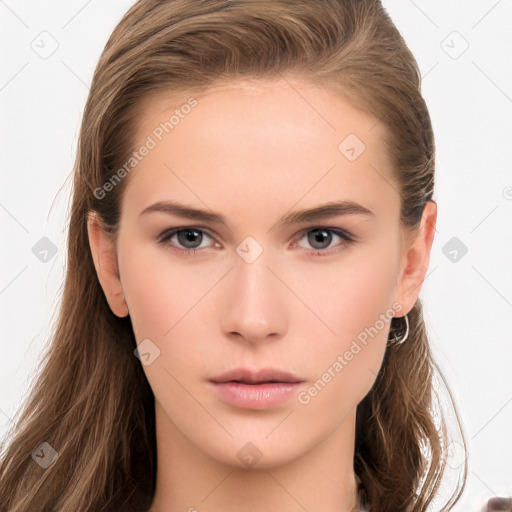 Neutral white young-adult female with long  brown hair and brown eyes