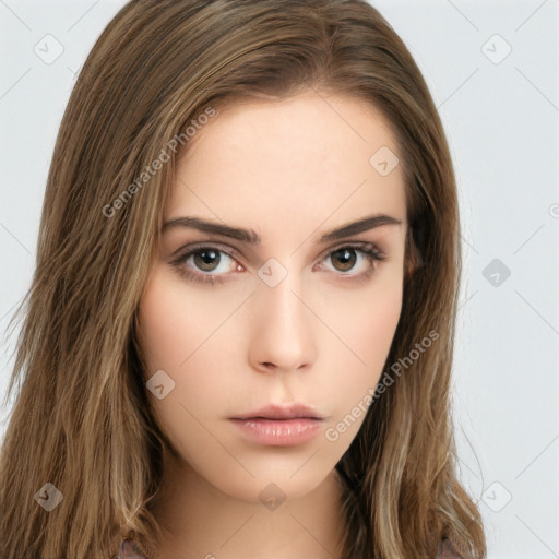 Neutral white young-adult female with long  brown hair and brown eyes