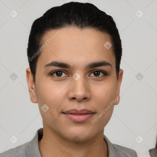 Neutral latino young-adult male with short  brown hair and brown eyes