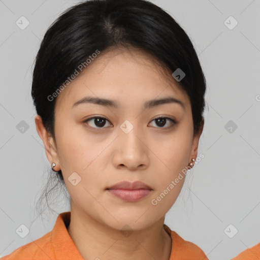 Neutral asian young-adult female with medium  brown hair and brown eyes