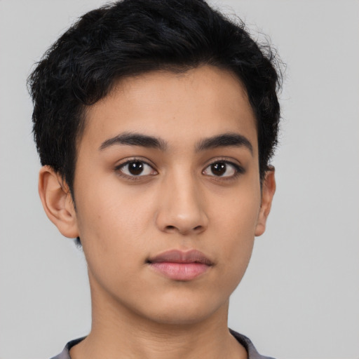 Neutral latino young-adult female with short  black hair and brown eyes