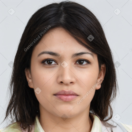 Neutral asian young-adult female with medium  brown hair and brown eyes