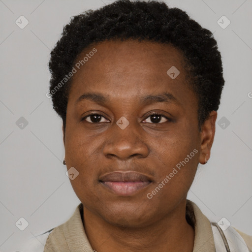 Joyful black young-adult male with short  brown hair and brown eyes