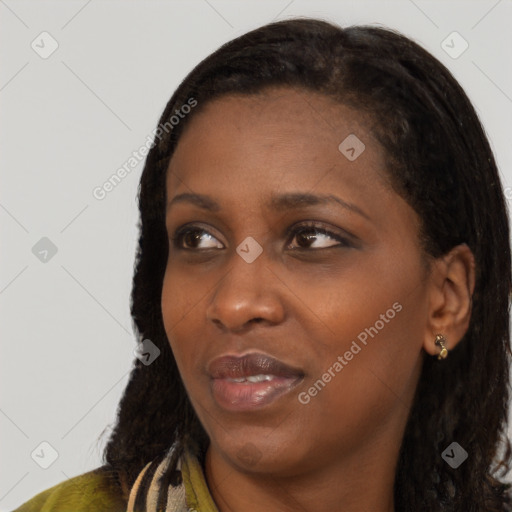 Joyful black young-adult female with medium  black hair and brown eyes