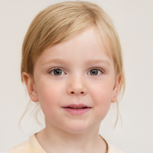 Neutral white child female with medium  brown hair and blue eyes