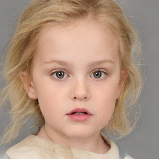 Neutral white child female with medium  brown hair and blue eyes