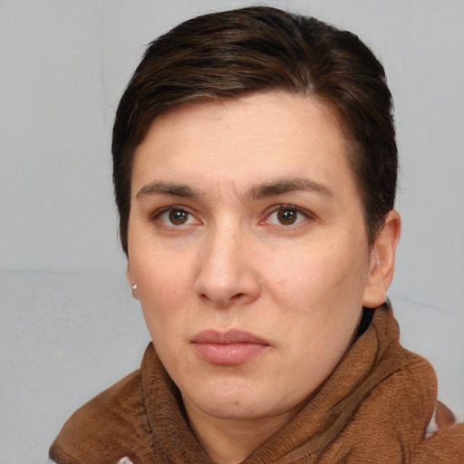 Neutral white young-adult female with short  brown hair and brown eyes