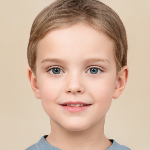 Joyful white child female with short  brown hair and brown eyes