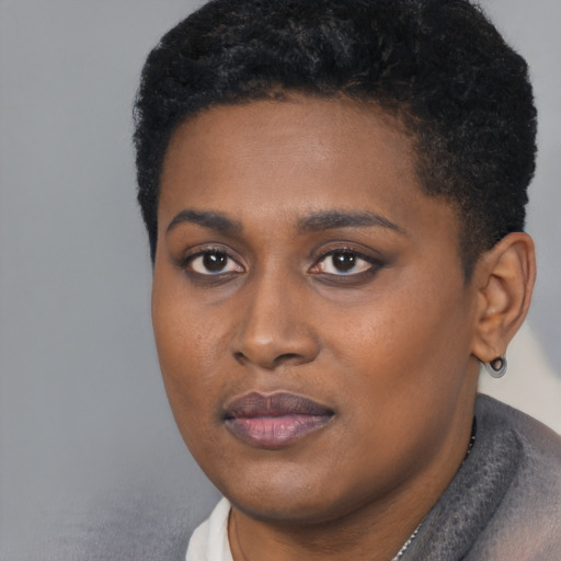 Joyful black young-adult female with short  black hair and brown eyes