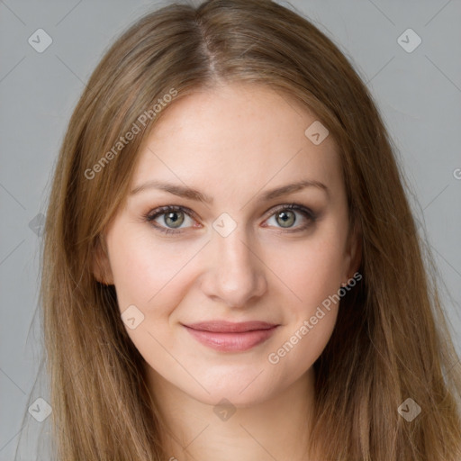 Joyful white young-adult female with long  brown hair and grey eyes