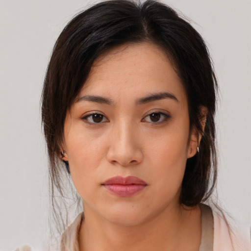 Neutral asian young-adult female with medium  brown hair and brown eyes