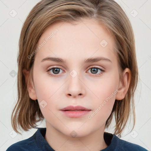 Neutral white young-adult female with medium  brown hair and grey eyes