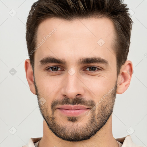 Joyful white young-adult male with short  brown hair and brown eyes