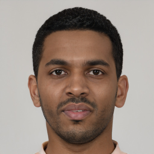 Neutral black young-adult male with short  black hair and brown eyes
