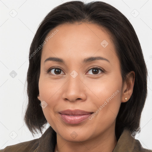 Joyful white young-adult female with medium  brown hair and brown eyes