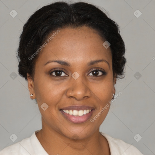 Joyful latino young-adult female with short  brown hair and brown eyes