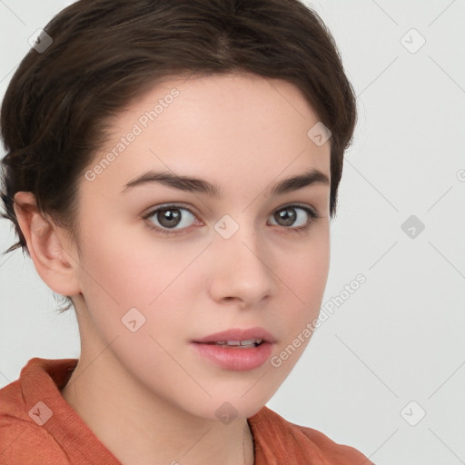 Neutral white young-adult female with medium  brown hair and brown eyes