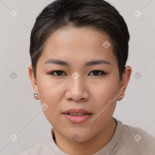 Joyful asian young-adult female with short  brown hair and brown eyes