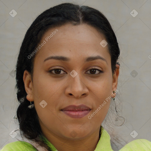 Joyful black young-adult female with medium  brown hair and brown eyes