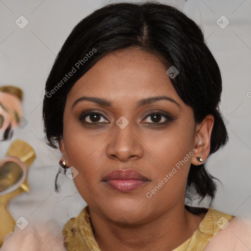 Joyful asian young-adult female with medium  brown hair and brown eyes