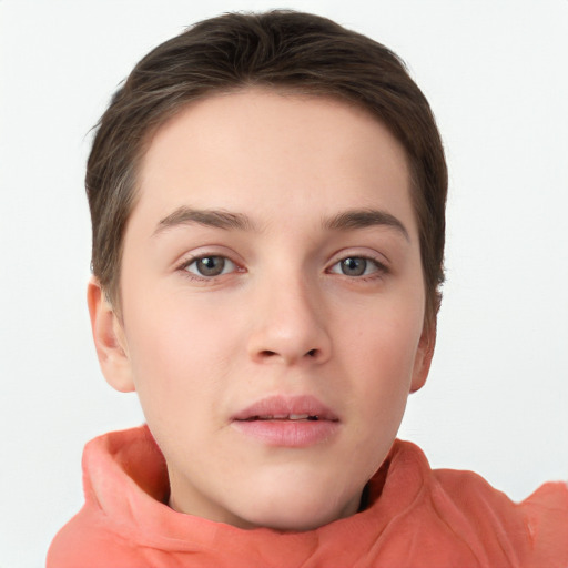 Neutral white young-adult female with short  brown hair and brown eyes