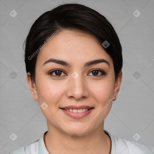 Joyful white young-adult female with short  brown hair and brown eyes