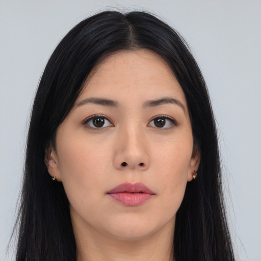 Neutral asian young-adult female with long  black hair and brown eyes