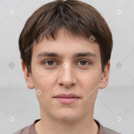 Neutral white young-adult male with short  brown hair and brown eyes