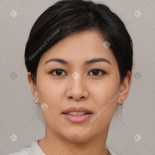 Joyful asian young-adult female with short  brown hair and brown eyes