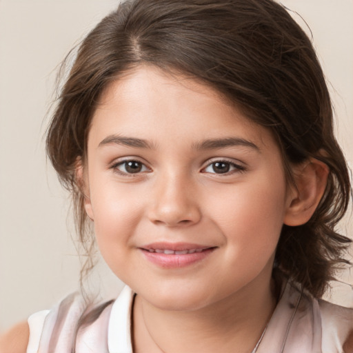 Joyful white child female with medium  brown hair and brown eyes