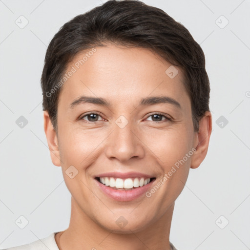 Joyful white young-adult female with short  brown hair and brown eyes