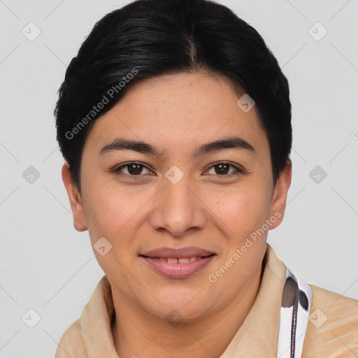 Joyful white young-adult female with short  brown hair and brown eyes