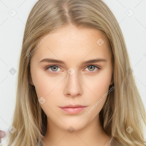 Neutral white young-adult female with long  brown hair and brown eyes