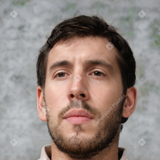 Neutral white young-adult male with short  brown hair and brown eyes