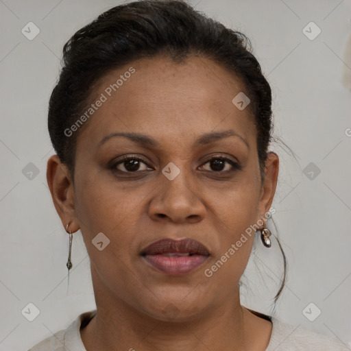 Joyful black adult female with short  brown hair and brown eyes