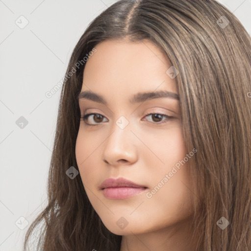 Neutral white young-adult female with long  brown hair and brown eyes