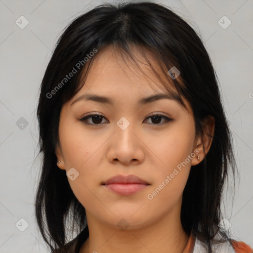 Neutral asian young-adult female with medium  brown hair and brown eyes