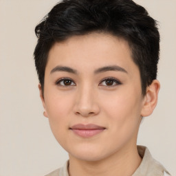 Joyful asian young-adult female with short  brown hair and brown eyes