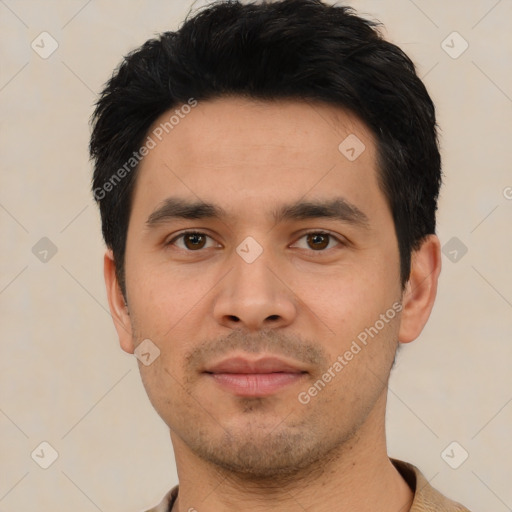 Neutral asian young-adult male with short  black hair and brown eyes