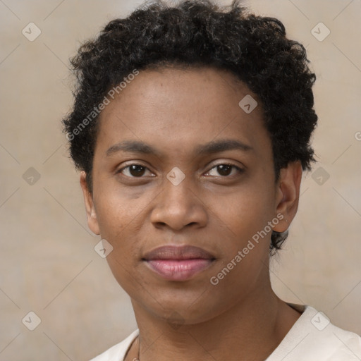 Joyful black young-adult male with short  brown hair and brown eyes