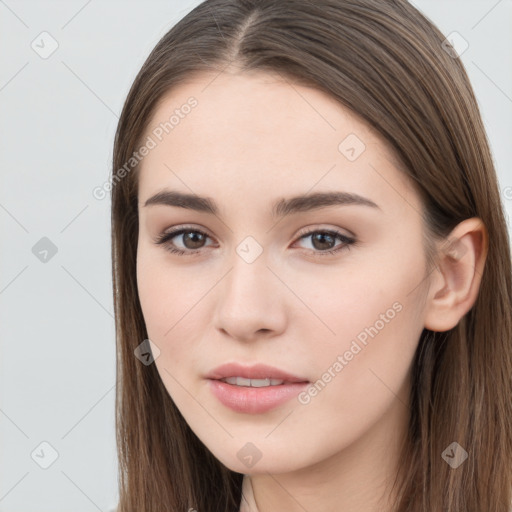 Neutral white young-adult female with long  brown hair and brown eyes