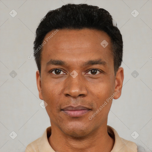 Neutral latino adult male with short  black hair and brown eyes