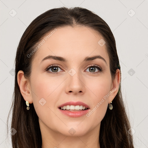 Joyful white young-adult female with long  brown hair and grey eyes