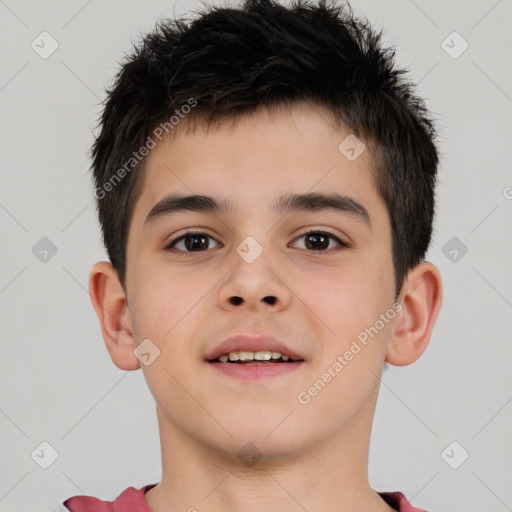 Joyful white child male with short  brown hair and brown eyes