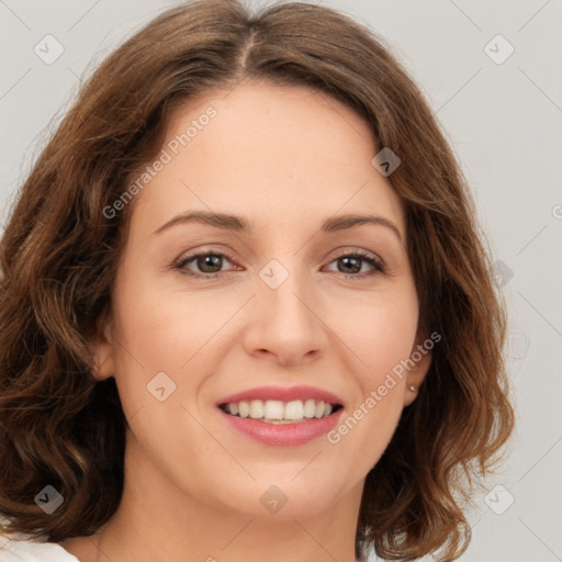 Joyful white young-adult female with medium  brown hair and green eyes